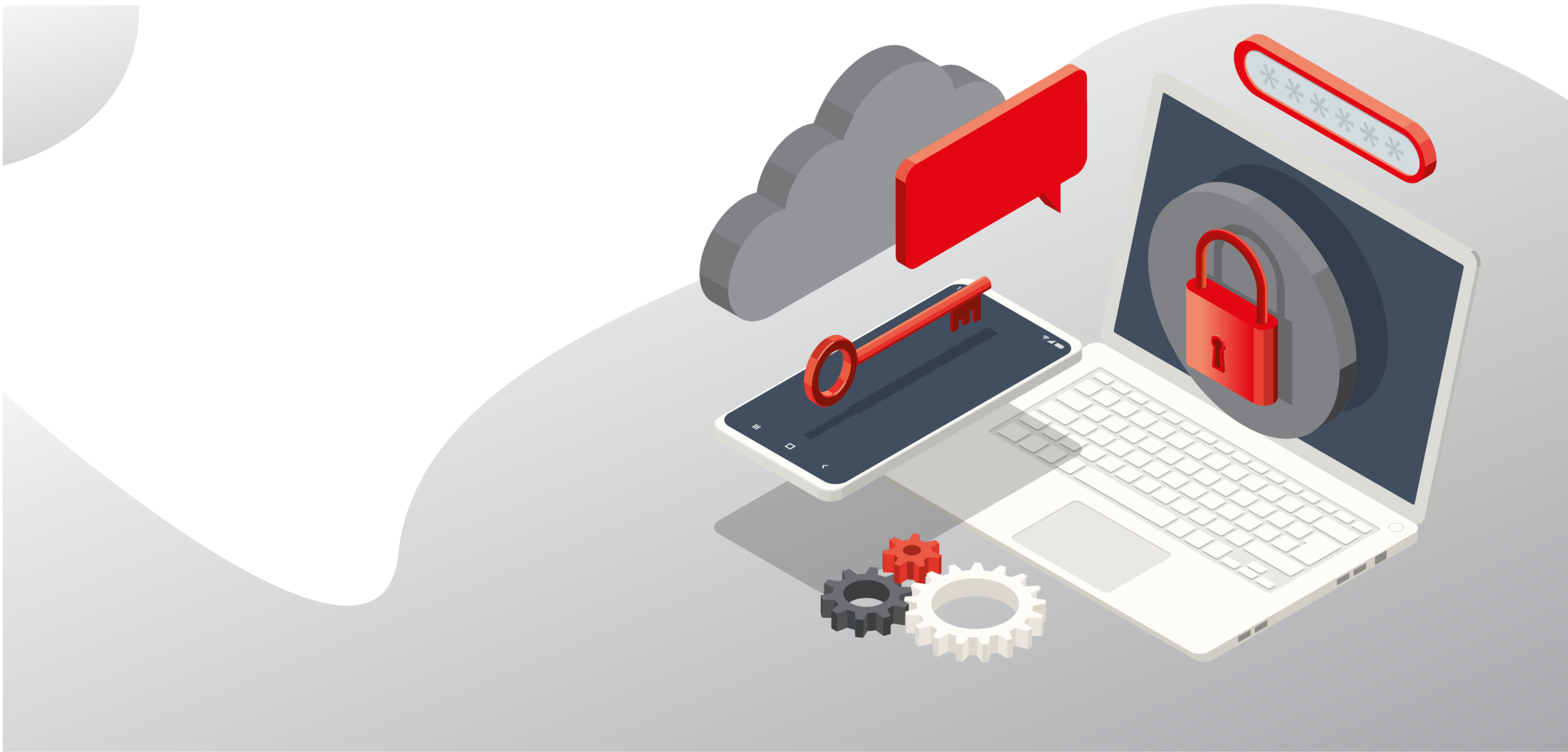 Illustration von einem Laptop, einem Smartphone sowie einem Cloudsymbol. Umgeben von mehreren Sicherheitssymbolen wie einem Schloss und einem Schlüssel.