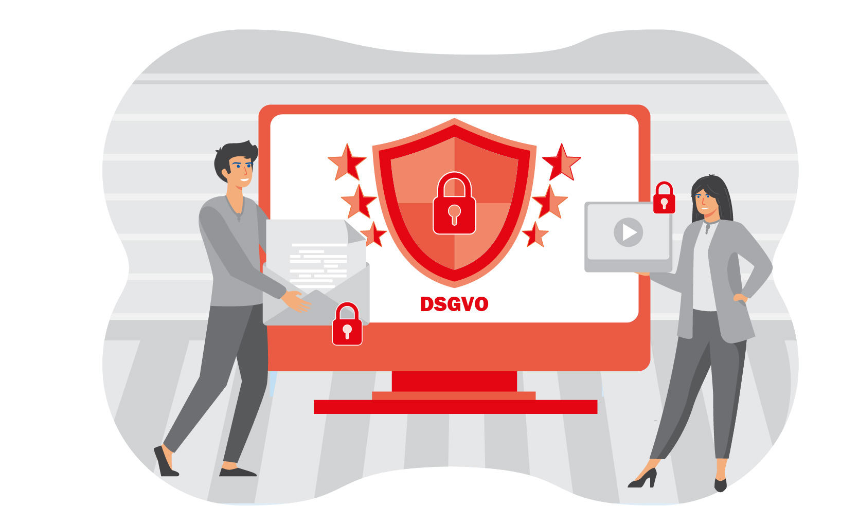 Illustration Zwei Personen stehen vor einem Computerbildschirm auf dem ein Schutzschild mit Vorhängeschloss sowie die Aufschrift "DSGVO" zu sehen ist.