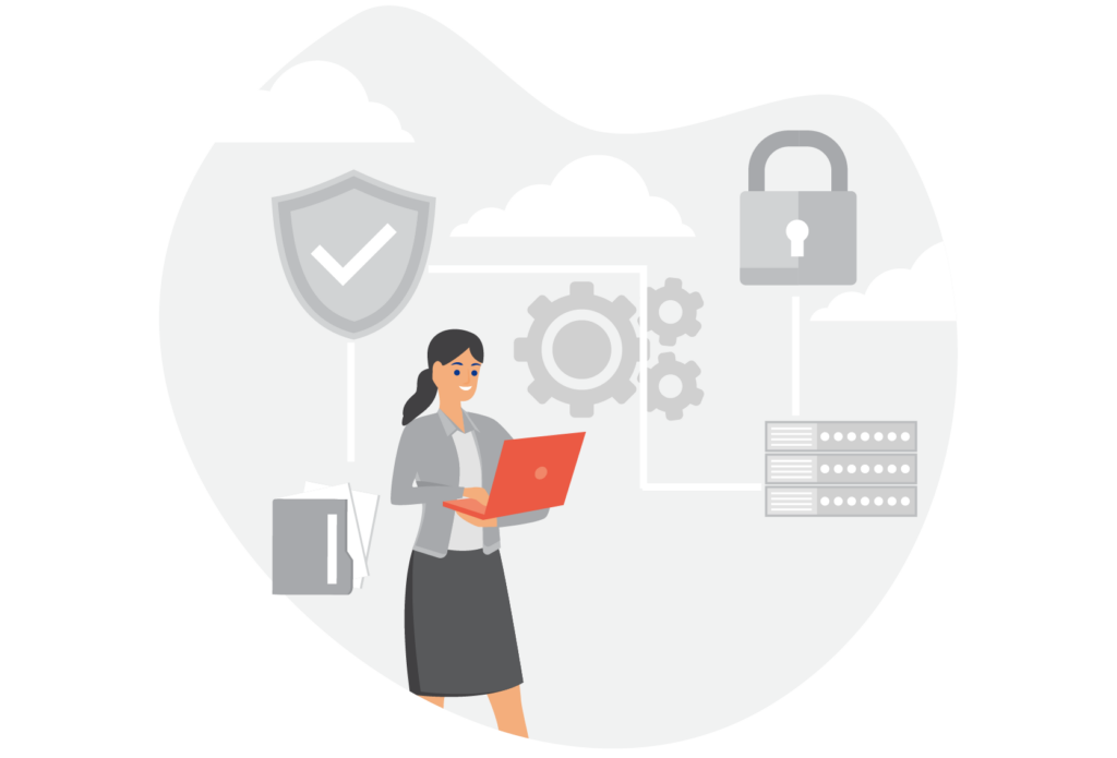 Illustration einer Frau mit einem Laptop in der Hand.