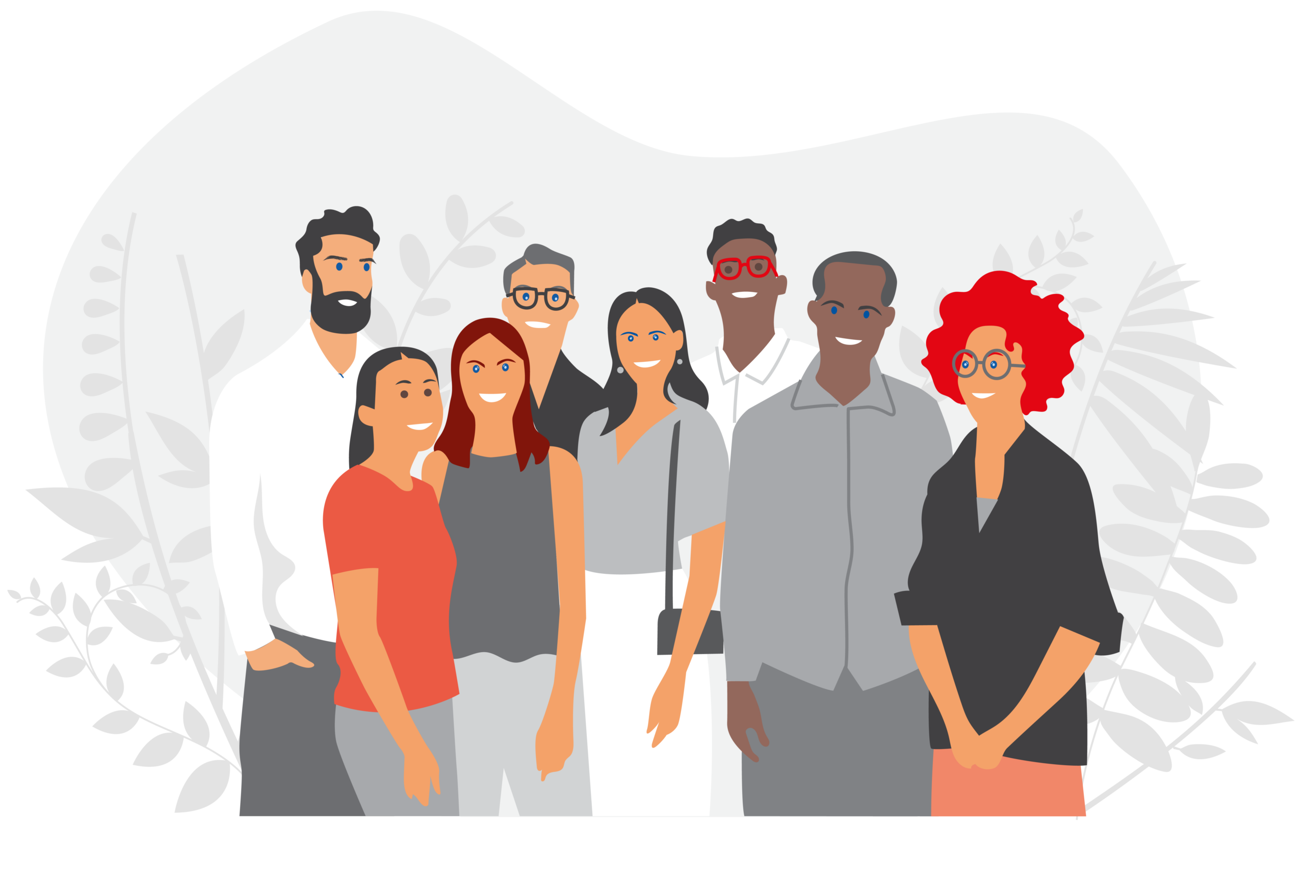 Illustration von einem acht Köpfigem multikulturellem Team.